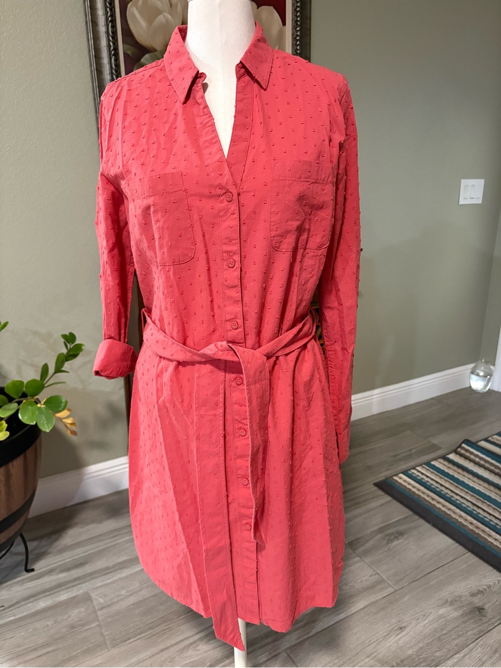 Southern Tide Coral Rust Dot-Texture Shirt Dress with Tie Waist - Picture 2 of 11